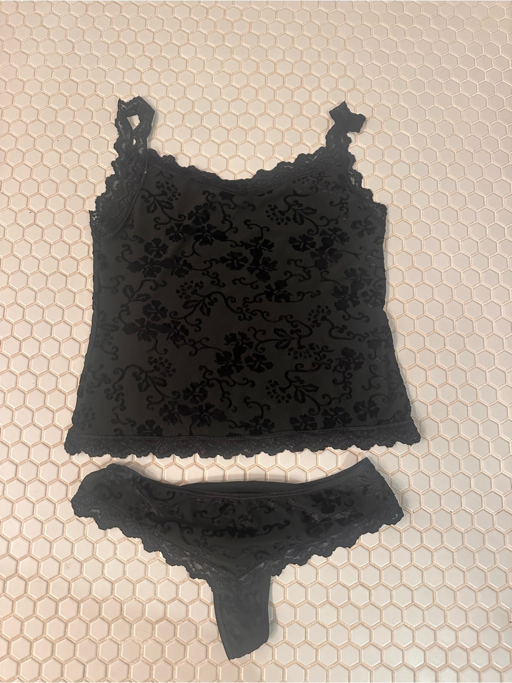 Black Lace-Trim Velvet Camisole & Thong Set - Women Intimates
